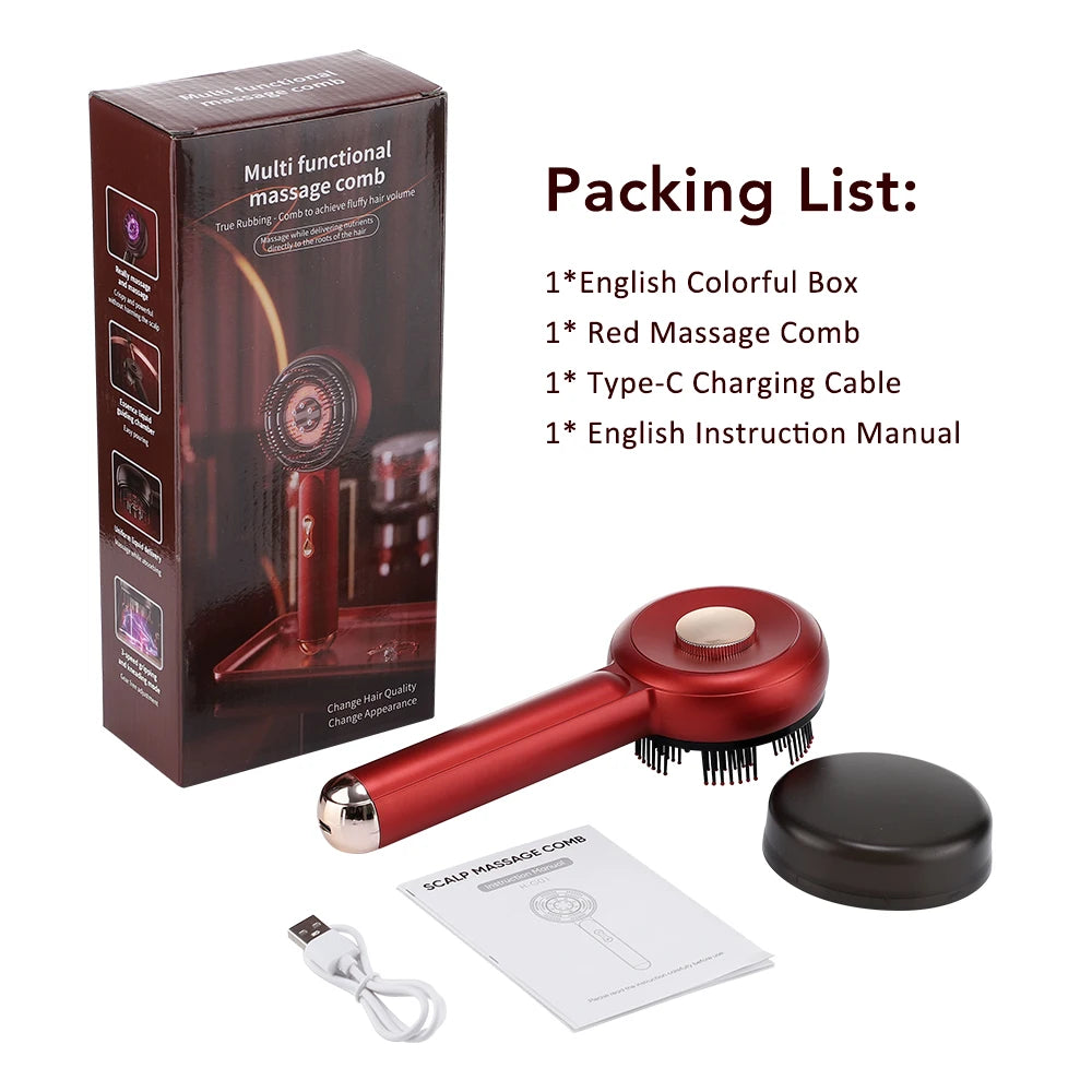 Pente Elétrico de Massagem Capilar com Luz Vermelha – 3 Modos e Aplicador de Óleo Essencial